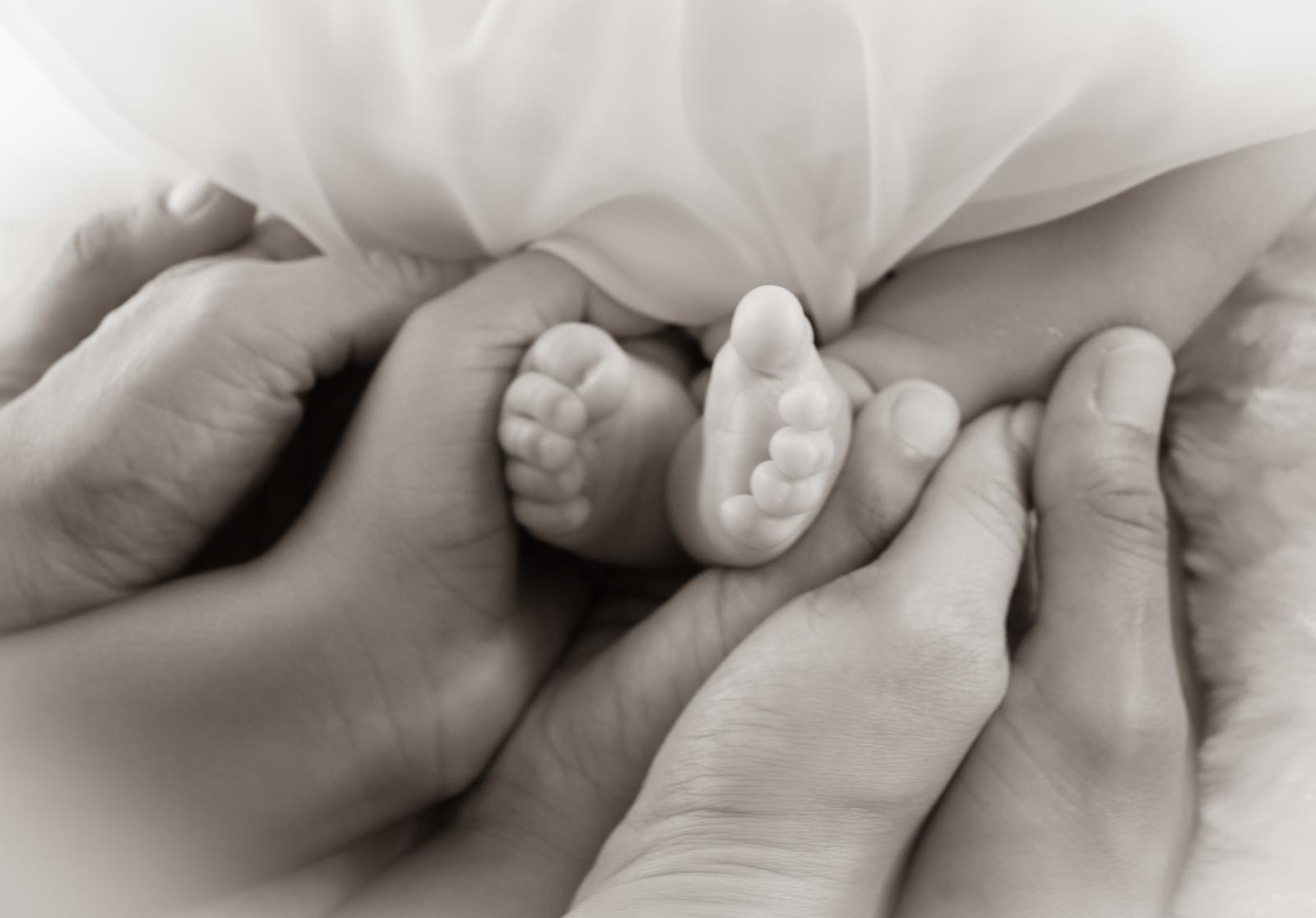 Newborn baby's feet cradled in the hands of family members in a black-and-white portrait
